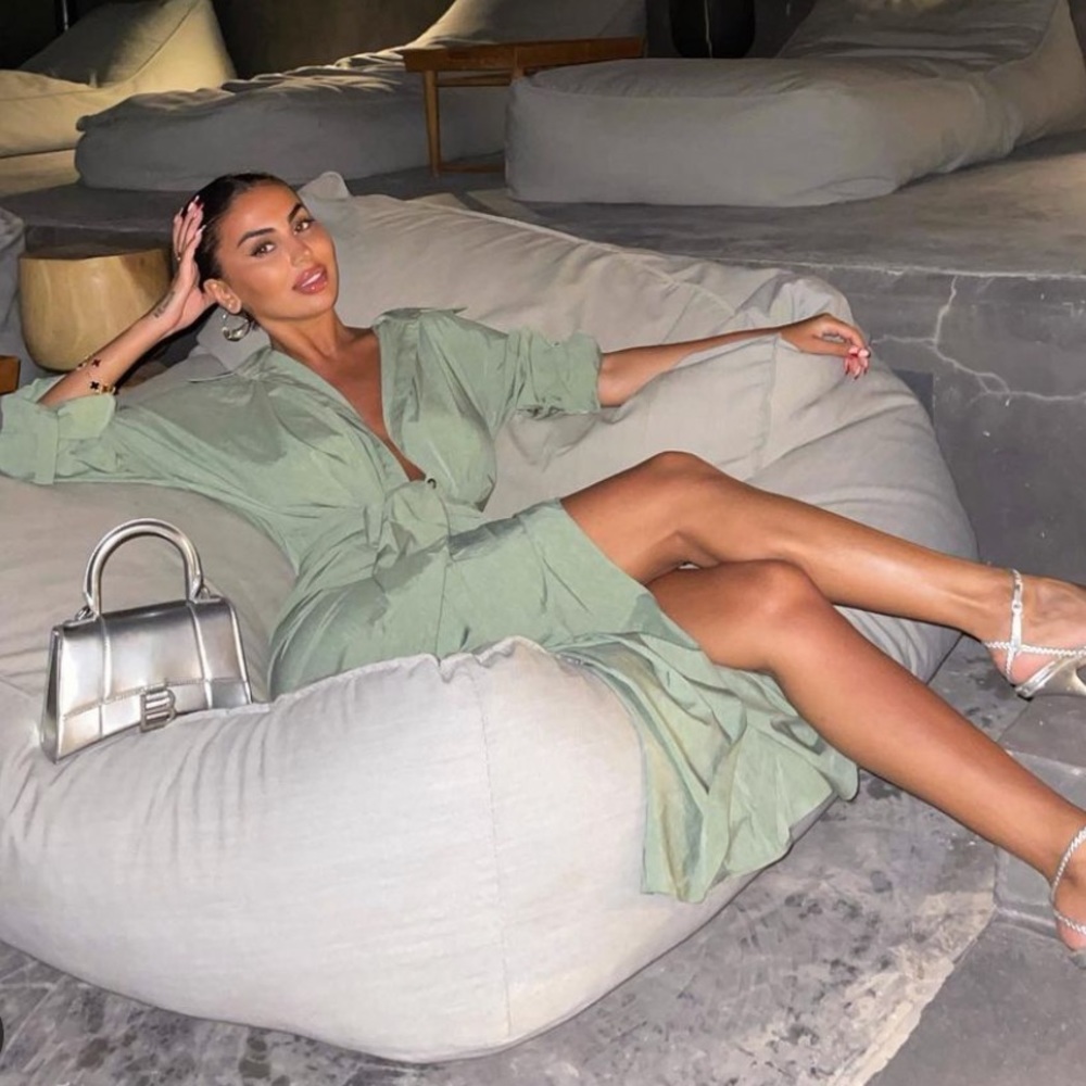 Green high low shirt dress with tie at waist
